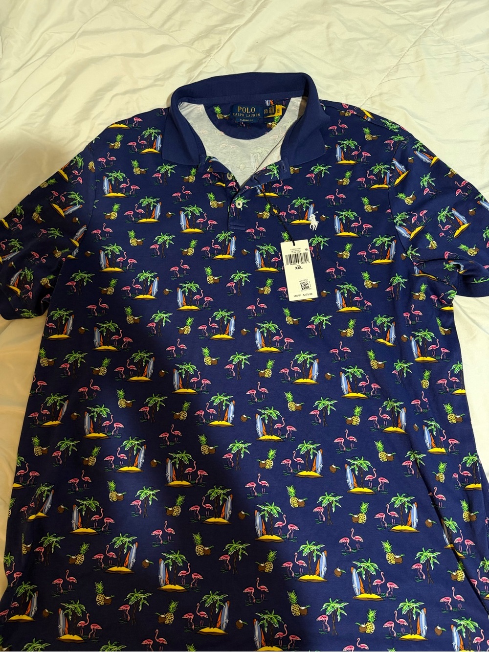 Polo by Ralph Lauren Navy Tropical Print Polo Shirt with Pink Flamingos